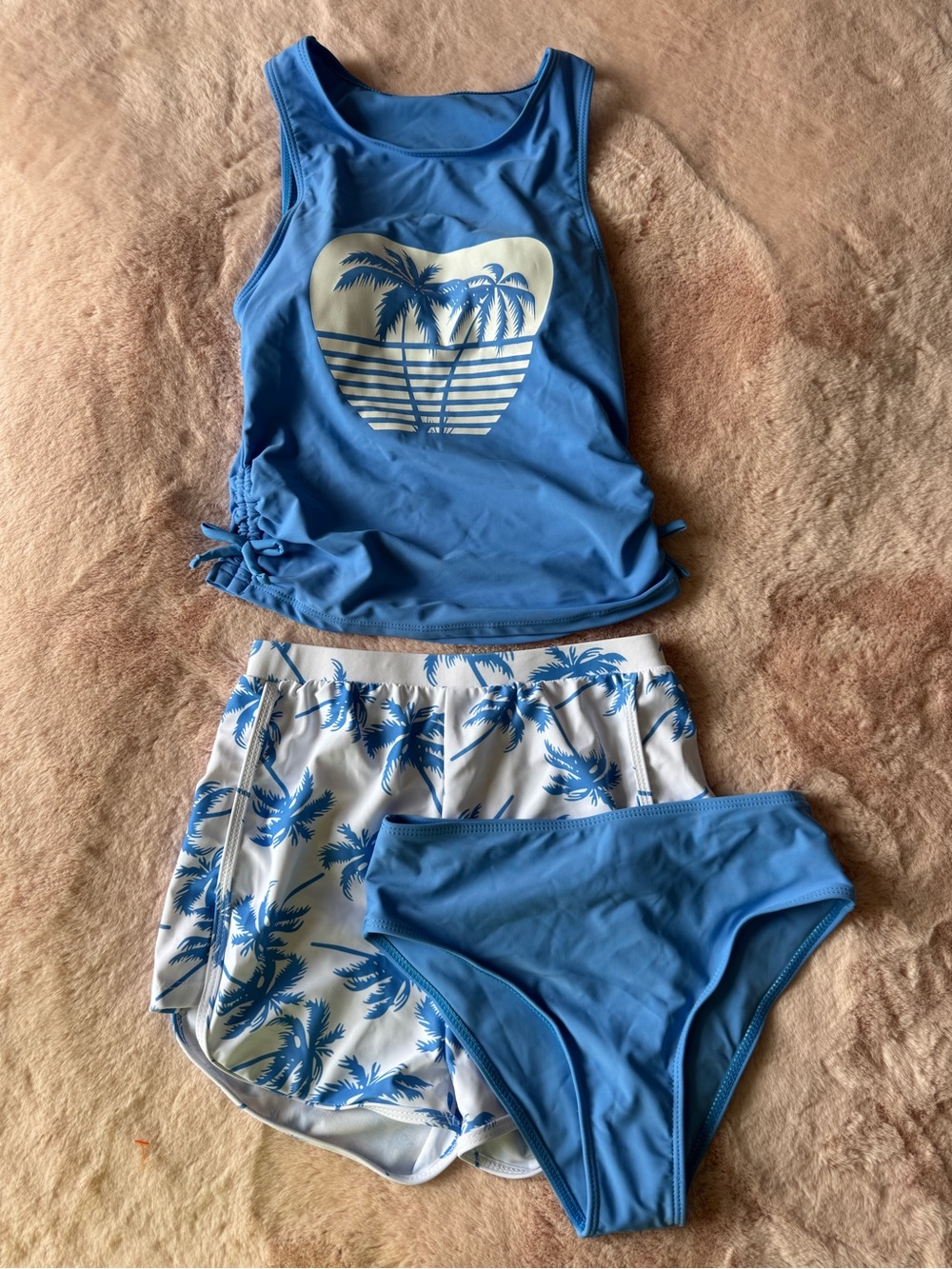 SHEIN Girl Coconut Tree Print Bikini Two-Piece Swimsuit Set With Shorts Size 13